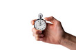 © Alextype - stopwatch hold in hand, button pressed, white background