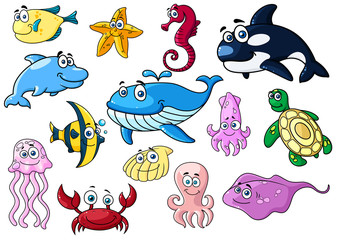 Wall Mural - Cartoon sea animals with happy emotions