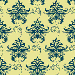 Canvas Print - Green paisley floral pattern on yellow background