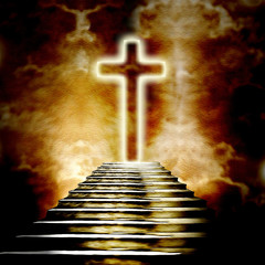 Glowing holy cross  and staircase leading to heaven or hell