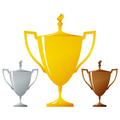 cups of winners, golden, silver and bronzed trophy cups