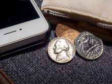 US Dollar Coins Placed Outside The Wallet With Smartphone.