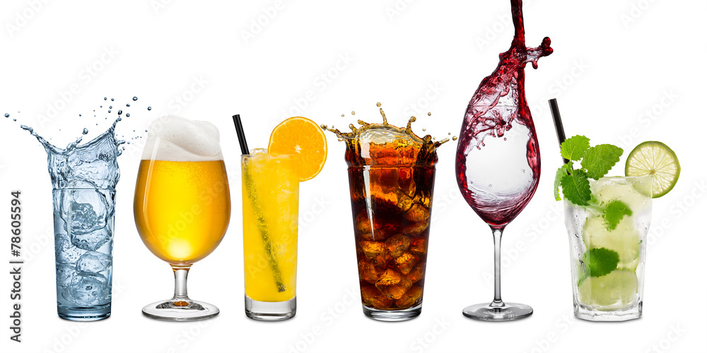 row of various beverages - obrazy, fototapety, plakaty 