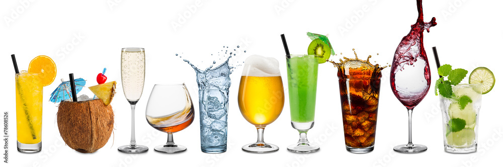 row of various beverages - obrazy, fototapety, plakaty 