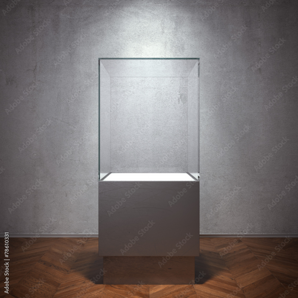 Empty glass showcase for exhibit - obrazy, fototapety, plakaty 