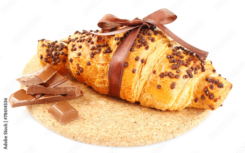 Fresh and tasty croissant with chocolate, isolated on white