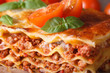 Tasty lasagna with basil and tomatoes macro horizontal