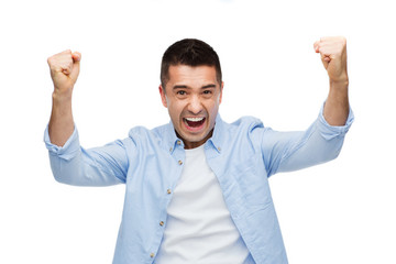 Poster - happy laughing man with raised hands