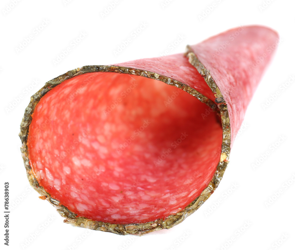 Slice of salami isolated on white background
