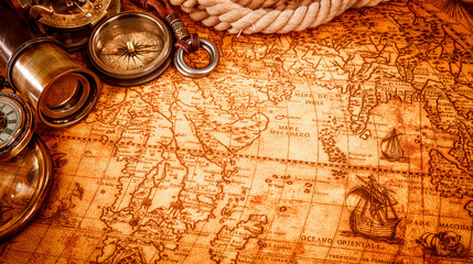 vintage magnifying glass lies on an ancient world map