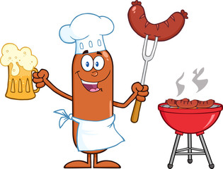 Chef Sausage Holding A Beer And Weenie Next To BBQ