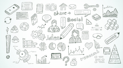 Poster - Social Media doodles Sketch set with infographics elements