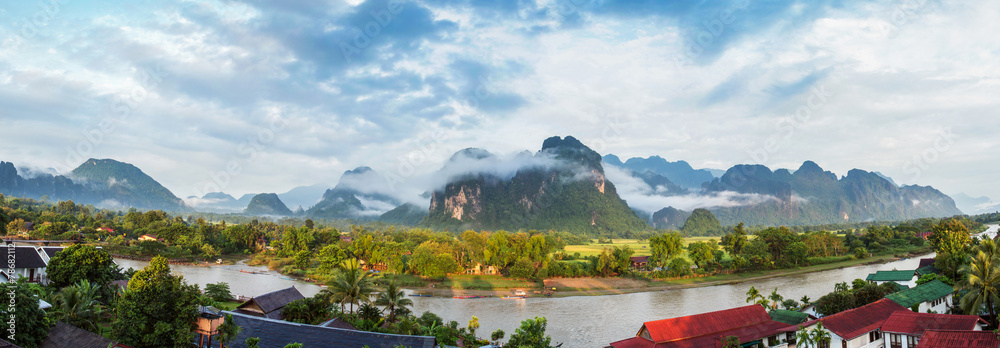 View for panorama in Vang Vieng, Laos. - obrazy, fototapety, plakaty 