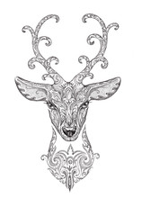 Stylized Image, Tattoo Of A Beautiful Forest Deer Head With Horn