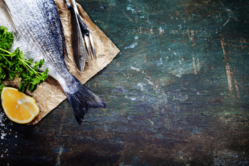 Wall Mural - Food background with Fish and Wine