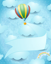 Hot Air Balloon And Banner On Sky Background