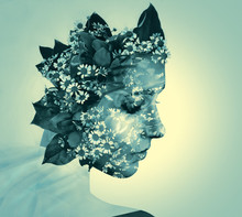 Double Exposure Portrait Of Young Woman With Bouquet Of Flowers.