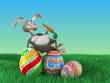 Cartoon Easter rabbit  lays on giant eggs in park.