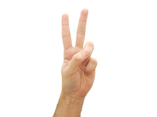 Wall Mural - Man hand showing two fingers. Number two gesture isolated on