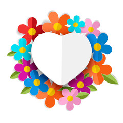 Vector white heart on the color flowers. Valentines day backgrou