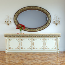 Vintage Dressing Table With Carved Framed Mirror And Roses