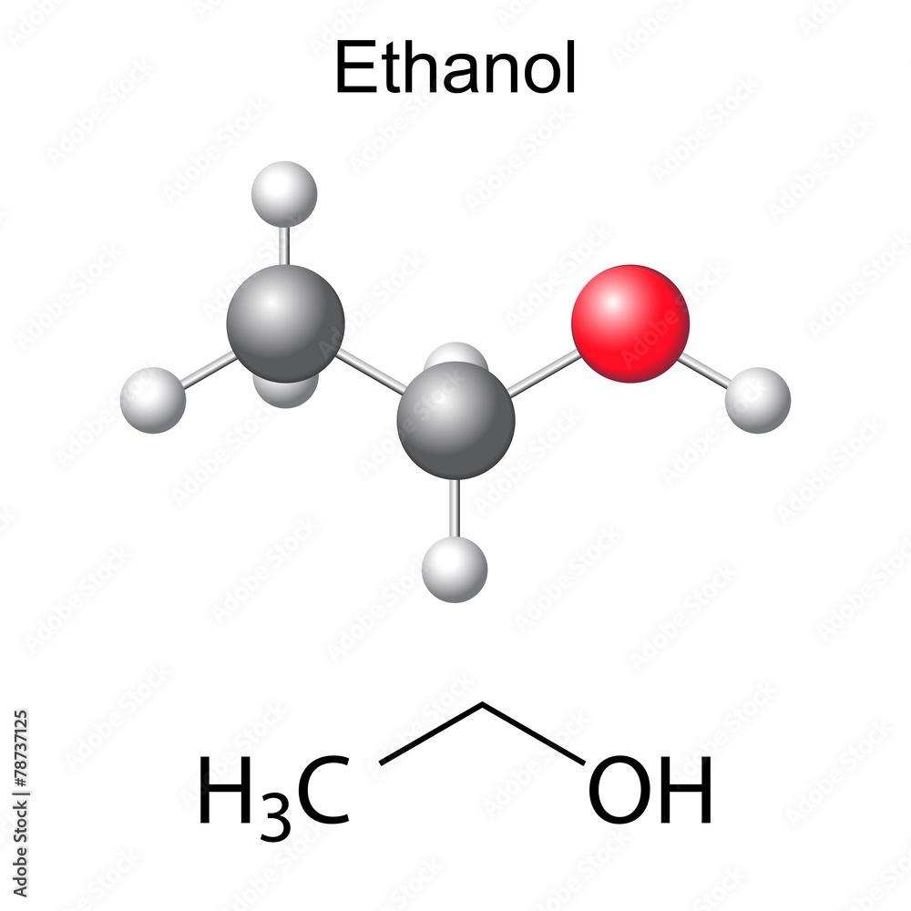 Structural chemical formula and model of ethanol molecule - obrazy, fototapety, plakaty 