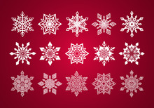 Set Of Various Fine Lace Snowflakes For Christmas On Wine Red