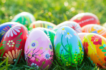 Wall Mural - Hand painted Easter eggs on grass. Spring patterns art, unique.