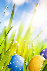 art colorful easter eggs decorated in the grass on blue sky bac