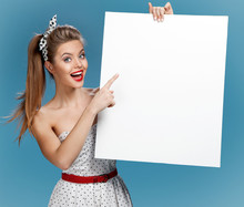 Pinup Woman Shows Forefinger Hand On The Blank Banner