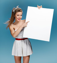Beautiful Young Happy Smile Woman Standing Hold Blank Board