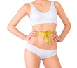 © chettythomas - Slim woman in white underwear and measure around her body on