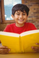 Portrait of boy reading book in library