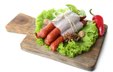 Poster - Smoked thin sausages  with lettuce salad leaves