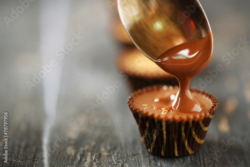 Plakat Preparation handmade chocolate candies, close up