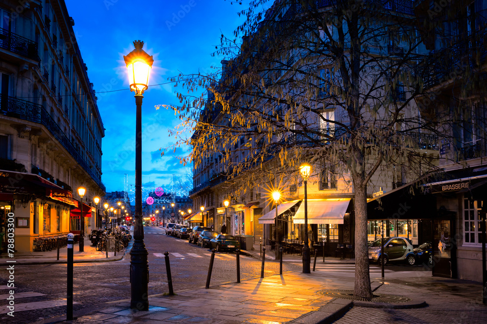 Paris beautiful street in the evening with lampposts - obrazy, fototapety, plakaty 