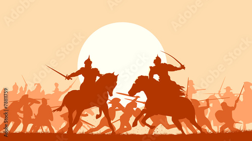 Fotografía Illustration of medieval battle with fight of two mounted warrio