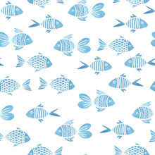 Watercolor Seamless Pattern With Fish And With White Stroke