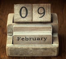A Very Old Wooden Vintage Calendar Showing The Date 9th February