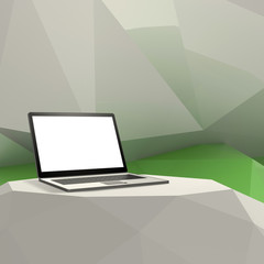 Laptop with blank screen on laminate table and low poly geometri