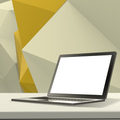 Laptop with blank screen on laminate table and low poly geometri