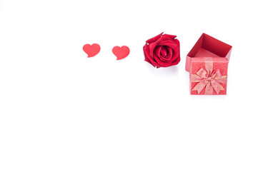 Valentines day gift boxes, rose and paper hearts isolated on whi