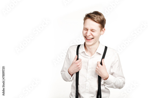 Fotografia young man in glasses surprises and shock