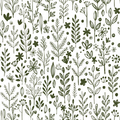 Seamless hands drawn spring pattern with grass and flowers