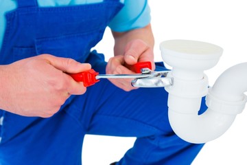 Poster - Handyman repairing sink pipe