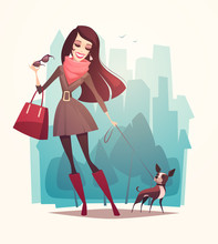 Pretty Girl Walking A Dog. Vector Illustration