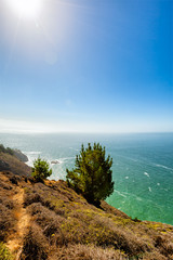 Wall Mural - California coastal cliff trail with ocean view. Sun flare