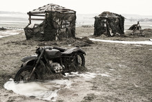 Old Broken German Motorcycle. WWII. Vintage