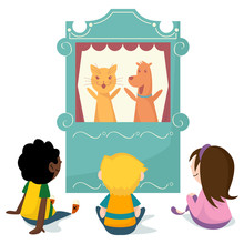 Children Watching Puppet Show, Vector Illustration