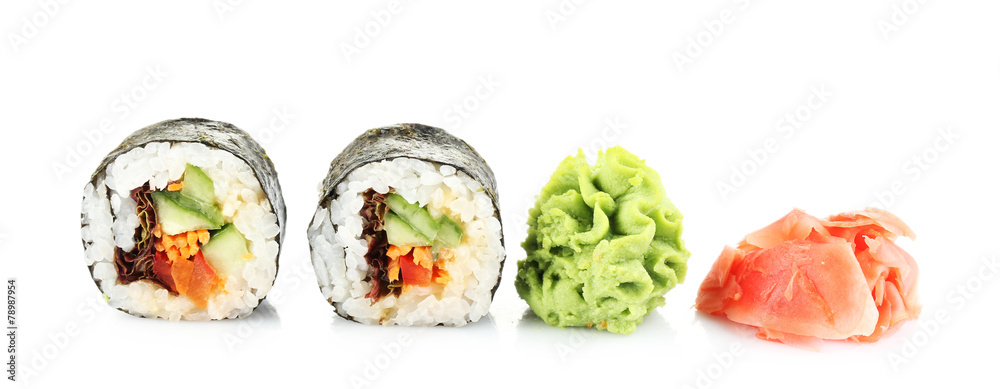Vegetarian sushi rolls isolated on white